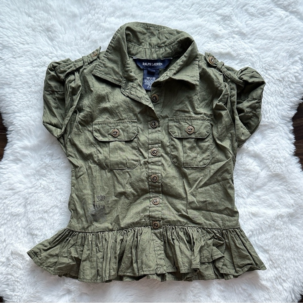 Ralph Lauren Baby Girl Peplum Utility Style Button Up Shirt/Dress Olive size 2T